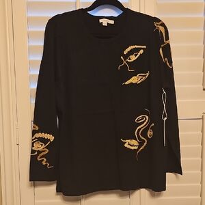 Chico's Black Abstract Eyelash Embroidered Crewneck Top - Gold Detail